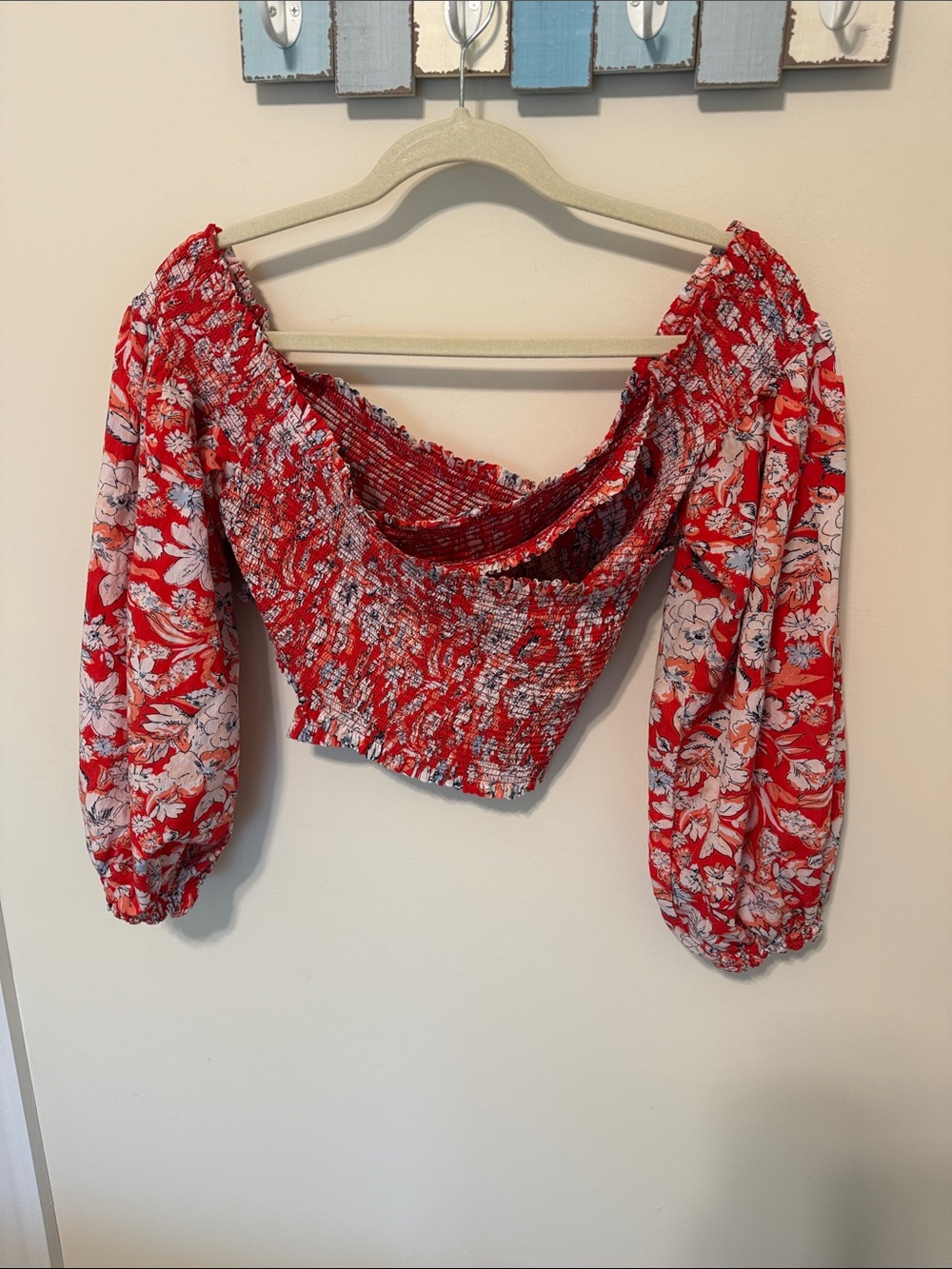 Free People Red Floral Smocked Off-Shoulder Crop Top / Size S / Cotton; Viscose
